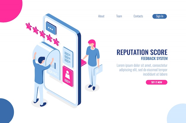 Reputatiescore isometrisch concept, mening met ster op mobiele telefoonapp, feedback