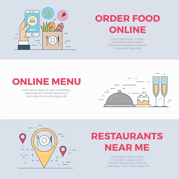 restaurant café zoeken eten online bestellen mobiele service app toepassingspictogram lineaire vlakke stijl web