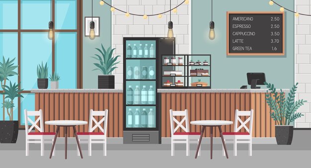 Restaurant interieur cartoon met café meubilair en fles koelkast vectorillustratie