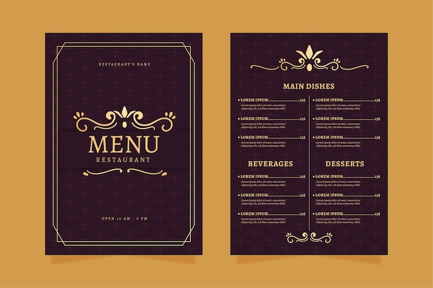 Gratis vector restaurant menusjabloon goud met violet