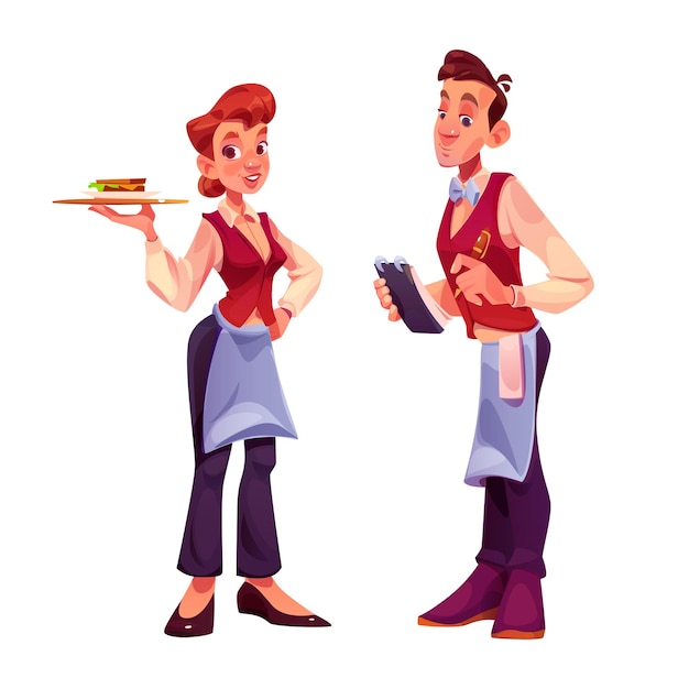 Gratis vector restaurant ober tekenfilm vector set keukenservice of horeca horeca werknemer in schort sandwich op bord en notitieblok houden man en vrouw werknemersteam in uniform geïsoleerd ontwerp