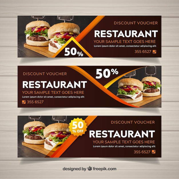 Gratis vector restaurant webbanner collectie met foto