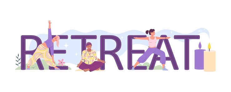 Gratis Vector retraite spirituele praktijk platte tekstbanner met gelukkige mensen die yoga asana's beoefenen en mediteren in lotuspositie vectorillustratie