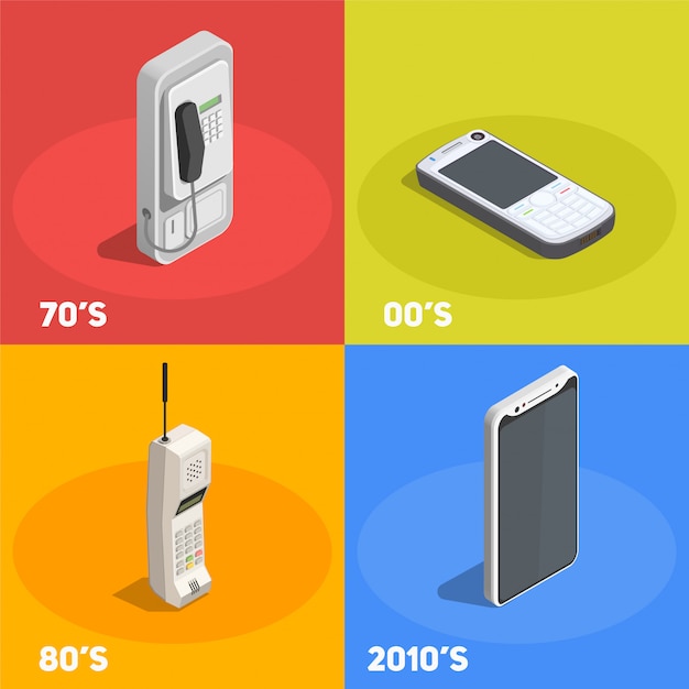 Gratis vector retro apparaten 2x2 ontwerpconcept met telefoons van verschillende decennia geïsoleerd op kleurrijke 3d