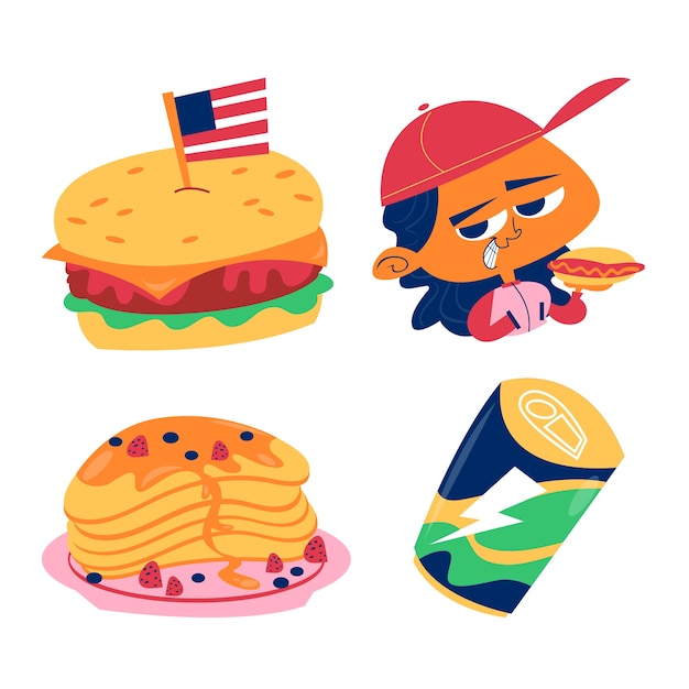 Gratis vector retro cartoon amerikaans eten stickers