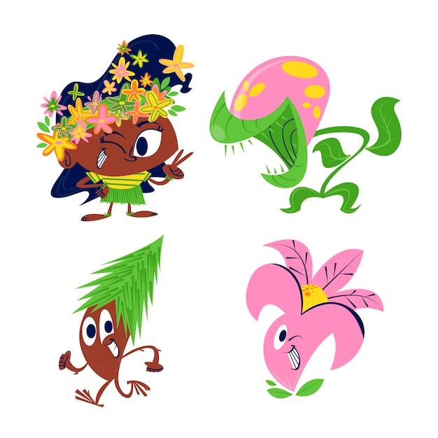 Retro cartoon bloemen en planten stickers set