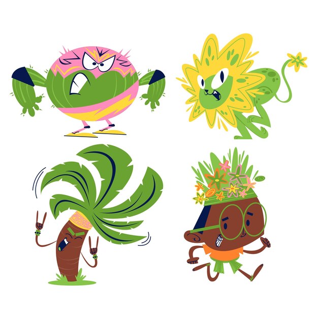 Retro cartoon bloemen en planten stickers set