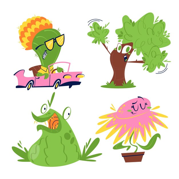 Retro cartoon bloemen en planten stickers set