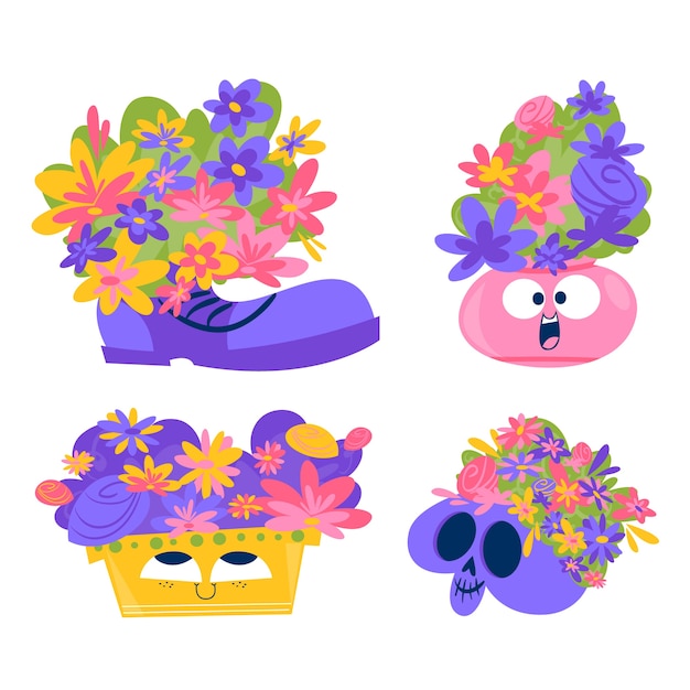 Gratis vector retro cartoon bloemen stickers