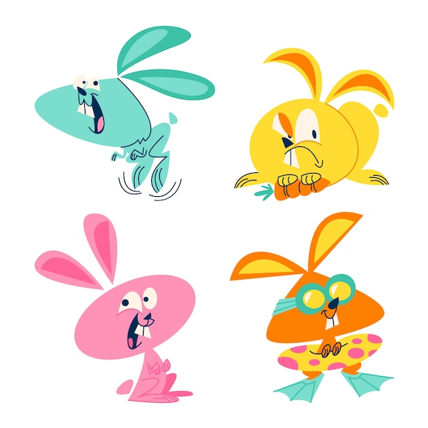 Gratis vector retro cartoon boze en schattige konijnencollectie
