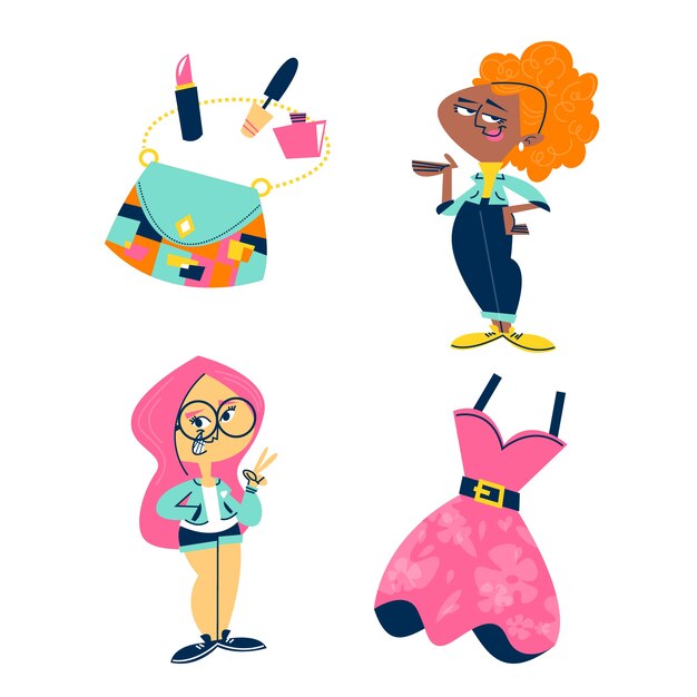 Retro cartoon damesmode stickerset