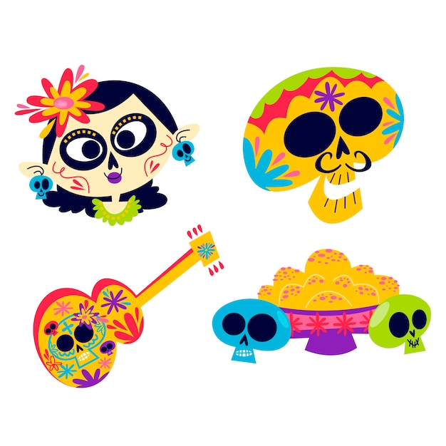 Retro cartoon dia de los muertos stickerset