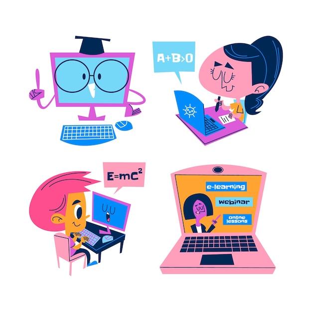 Gratis vector retro cartoon e-learning stickers collectie