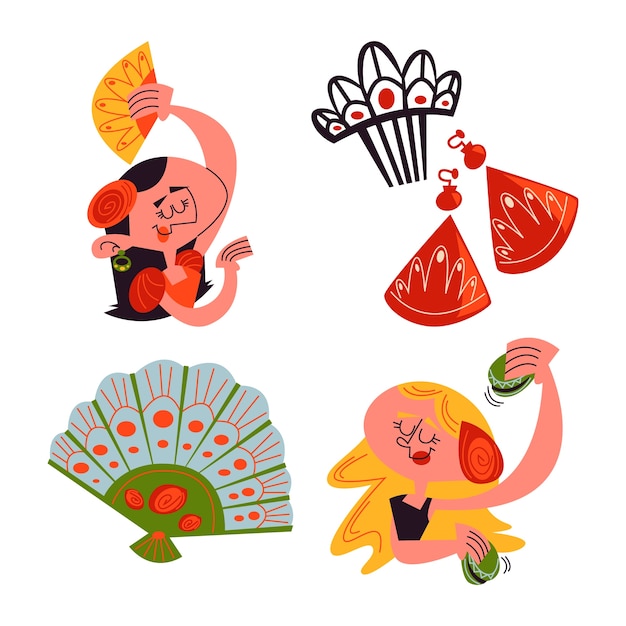 Gratis vector retro cartoon flamencodans stickers collectie