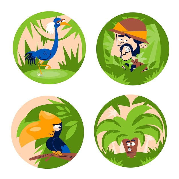 Retro cartoon jungle stickerset