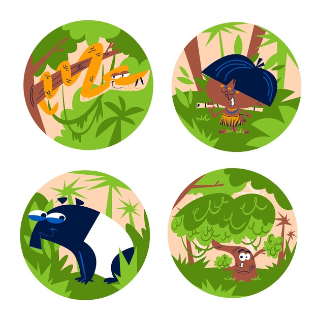 Gratis vector retro cartoon jungle stickerset