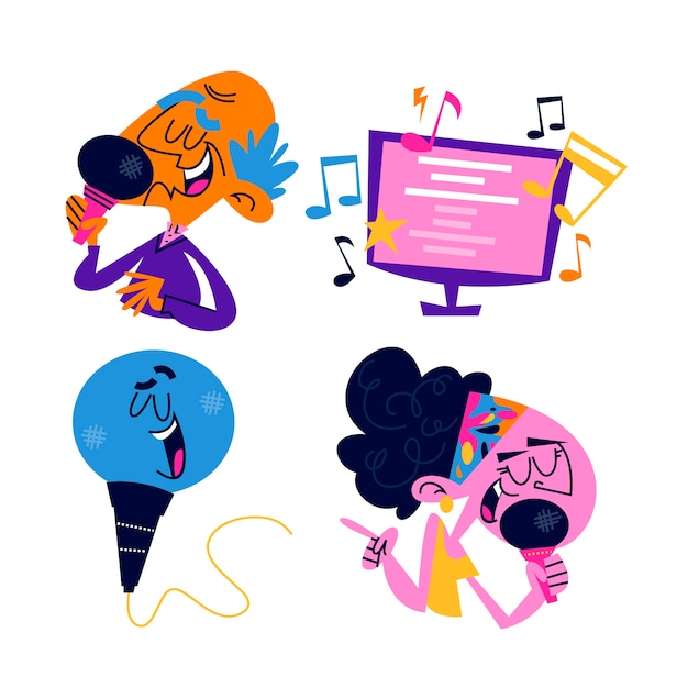 Gratis vector retro cartoon karaoke stickerset