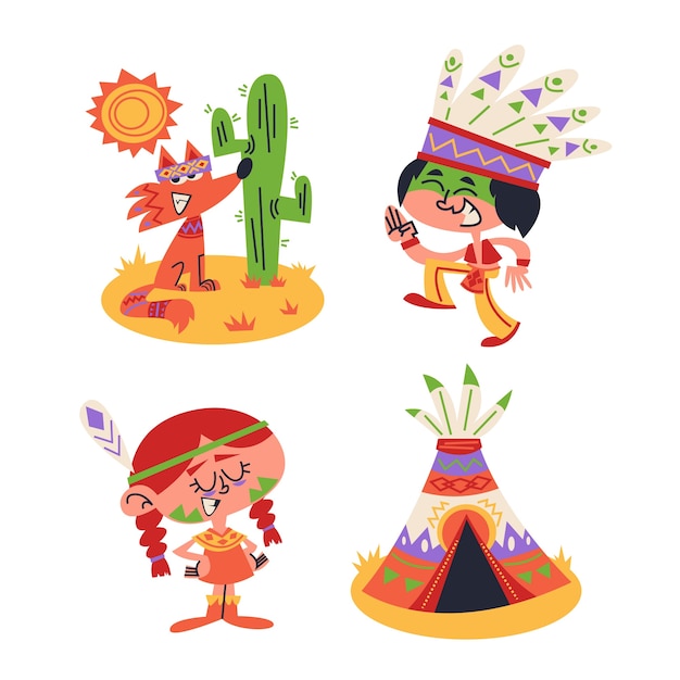 Gratis vector retro cartoon native american sticker collectie