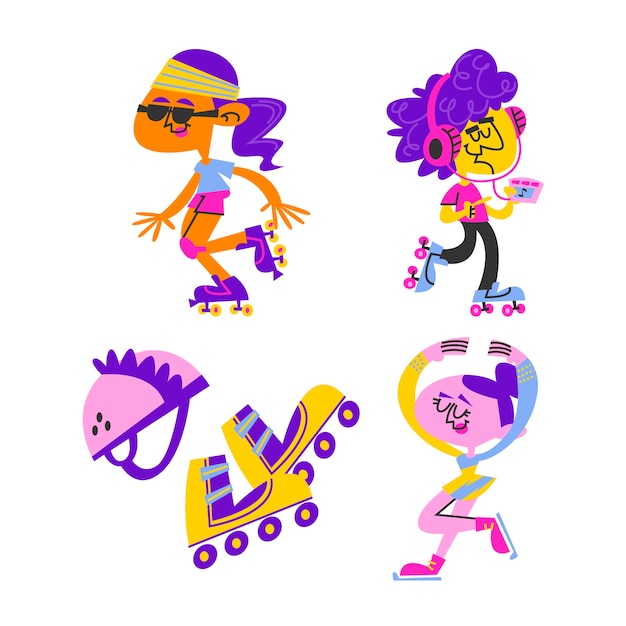 Gratis vector retro cartoon schaatsen stickers collectie