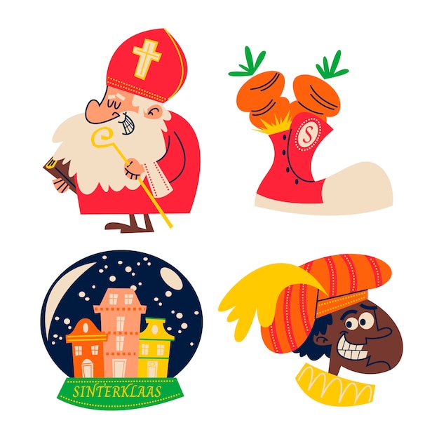 Gratis vector retro cartoon sint-nicolaas stickerpakket