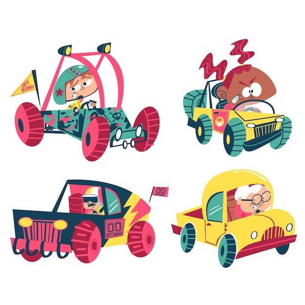 Retro cartoon stickers collectie met auto's