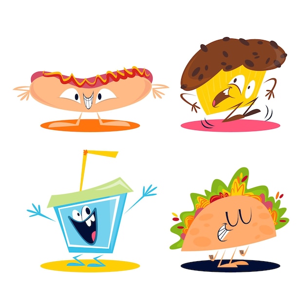 Retro cartoon voedsel stickers set