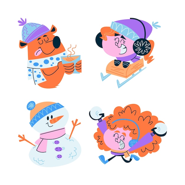 Gratis vector retro cartoon winter stickers collectie