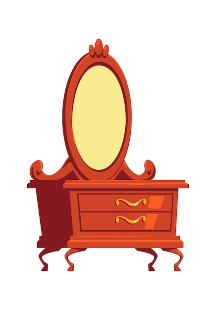 Retro commode, kaptafel met spiegel, houten meubels interieur element cartoon afbeelding