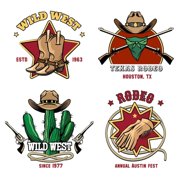 Retro cowboy rodeo embleem set. Hoed en Amerikaanse badge western.