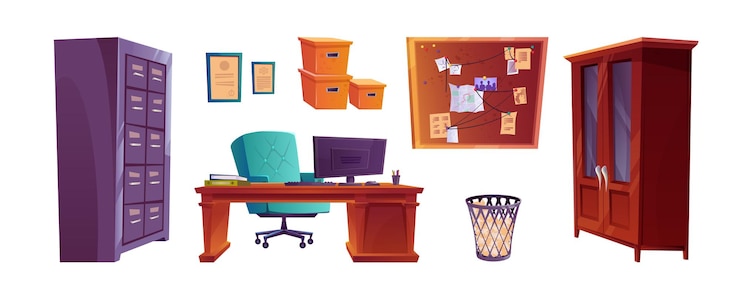 Gratis Vector retro detective kantoormeubels set geïsoleerd op witte achtergrond vector cartoon illustratie van politie kamer elementen computer op houten bureau lade en boekenkast voor documenten bewijs bord