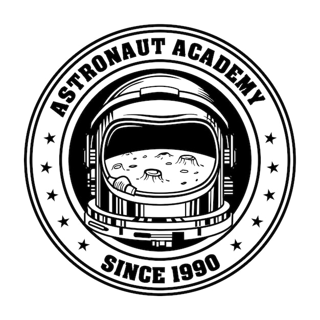 Gratis vector retro embleem voor astronautenacademie vectorillustratie. uitstekende maanbezinning in helm