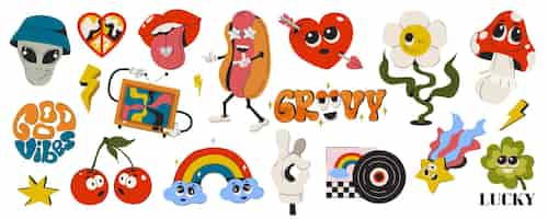 Gratis vector retro kleurrijke stickers met grappige stripfiguren groovy hippie jaren '70 in vintage stijl psychedelische ontwerpelementen cartoon regenboog bloem hart regenboog vrede kers alien en paddestoel