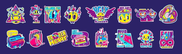 Retro kleurrijke stickers rave psychedelische iconen