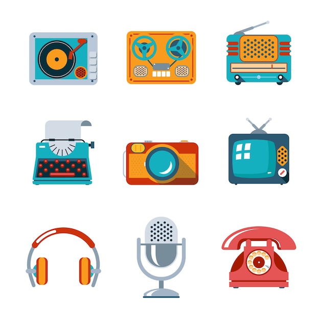 Gratis vector retro media iconen in vlakke stijl. tv en microfoon, koptelefoon en typemachine en radio