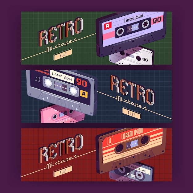 Retro mixtapes cartoon banners met audiocassette