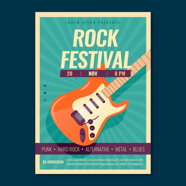 Retro muziek poster sjabloon met elektrische gitaar