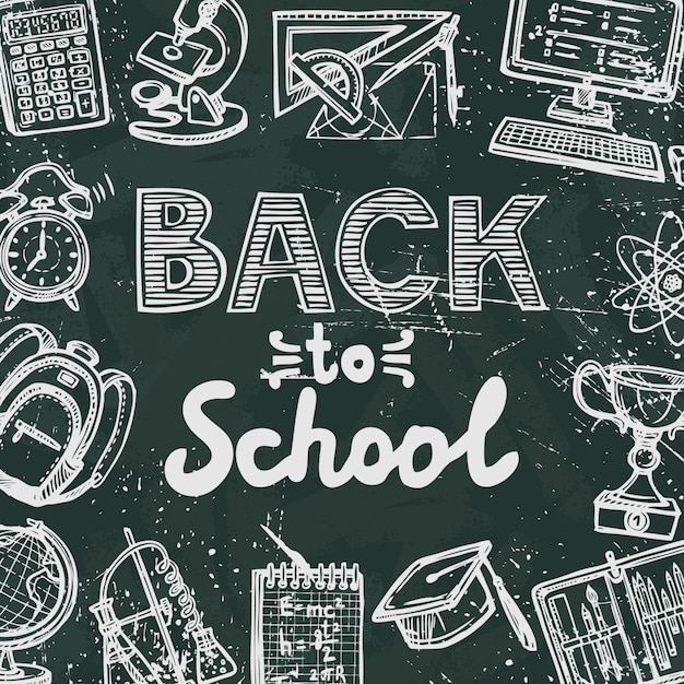 Gratis vector retro onderwijs iconen op schoolbord achtergrond met terug naar school tekst poster vector illustratie