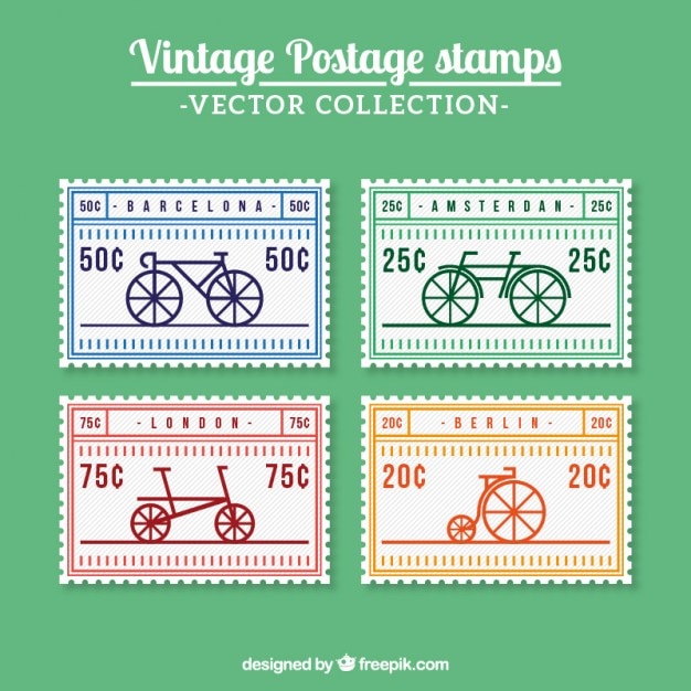Gratis Vector retro postzegels met fietsen in plat ontwerp