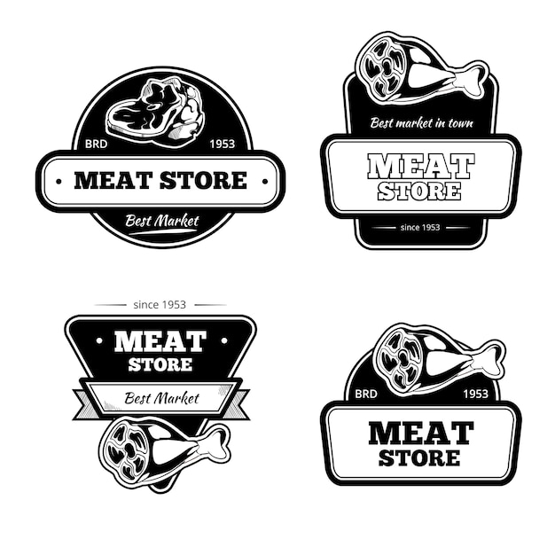 Gratis vector retro slagerij en vleeswinkel zwarte badge, label, logo vector set. markt natuurlijke embleem set