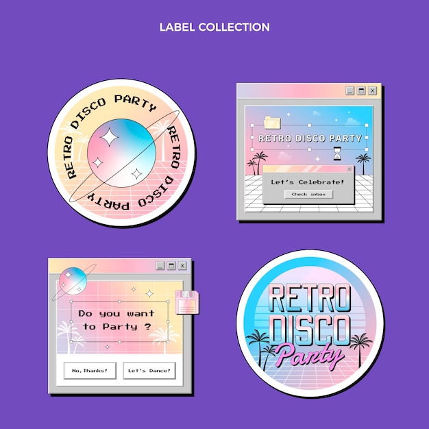 Gratis vector retro vaporwave disco party-badges met kleurovergang