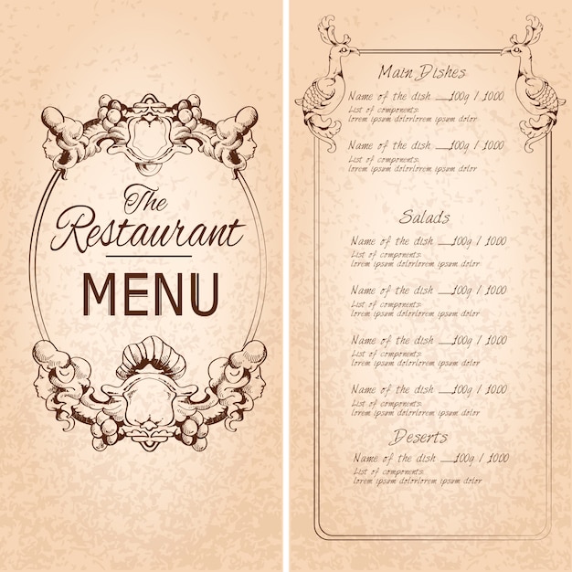 Gratis vector retro vintage restaurant menu sjabloon met frame en decoratie vector illustratie