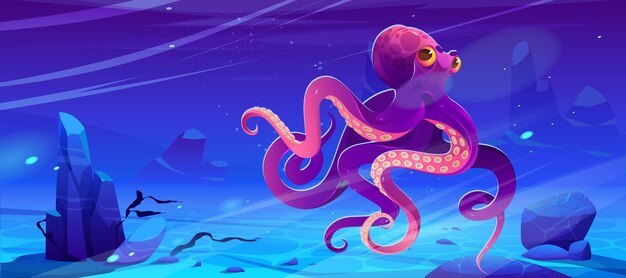 Reuze octopus zwemmen onder water in de Oceaan Cartoon vectorillustratie van onderwater zee landschap met zeedieren met tentakels en sukkels Oceaanbodem met zeewier stenen en paarse inktvis