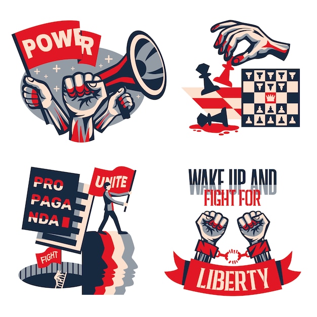 Gratis vector revolutie politieke slogans concept 4 vintage constructivistische composities ingesteld met roept eenheid vrijheid vrijheid geïsoleerd