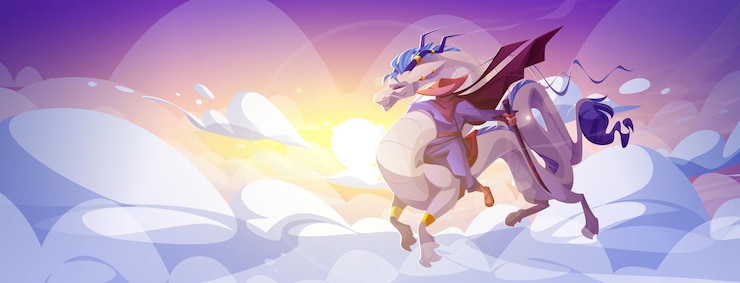 Gratis Vector rider op fantasy draak in magische hemel achtergrond zonsopgang chinese vliegende avontuur in wolken prachtig sprookjeslandschap met mythisch beest en krijger magisch personage met vleugels en horens