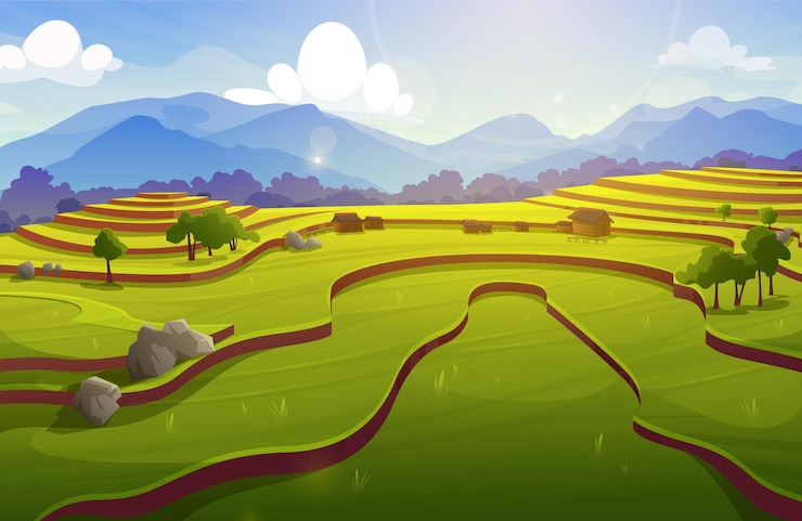 Gratis Vector rijstveldterrassen aziatische padie met boerderijen