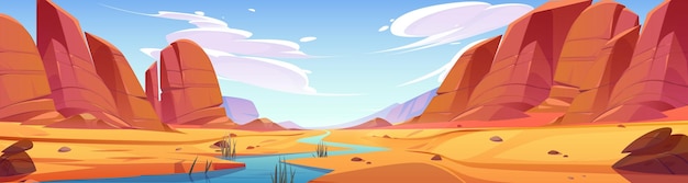 Gratis vector rivier in rock canyon woestijn cartoon landschap achtergrond droog zandland en hete berg in het nationale park van utah met rotsblok oude klifformatie in de buurt van water panoramische zomer illustratie