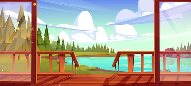 Gratis vector rivier landschap uitzicht van houten patio vector cartoon illustratie van open glazen deur op huis veranda immergroen sparren bos in de buurt van helder meer water wolken in zonnige hemel prachtige landschap vakantie