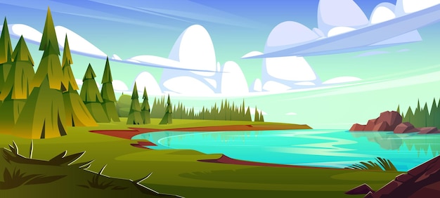 Gratis vector rivierlandschap met groen bos vector cartoon illustratie van prachtige natuurlijke achtergrond groenblijvende dennenbomen en stenen bij meerwater met reflectie op heldere oppervlakte wolken in een zonnige hemel