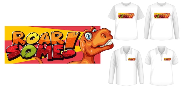 Roar een lettertype en dinosaurus-tekenfilmkarakterlogo met verschillende soorten shirts