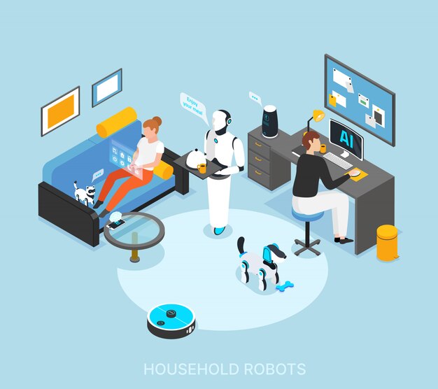 Robot geïntegreerd smart home met geprogrammeerde humanoïde koken serveert maaltijden schoonmaken leeropdrachten isometrische samenstelling